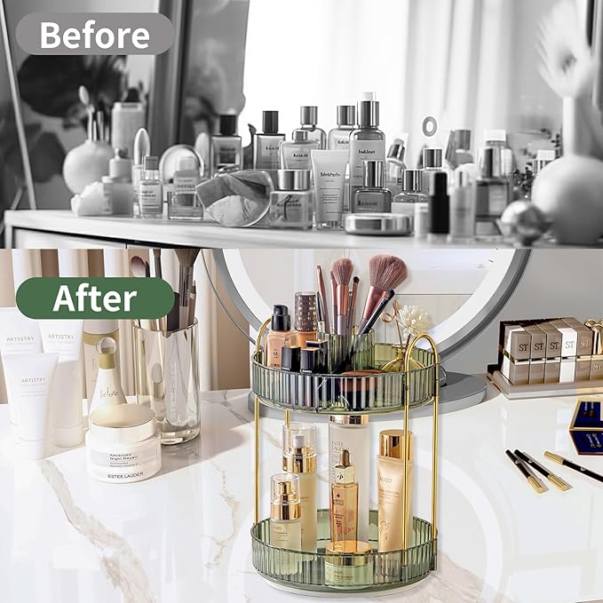 360 Rotating Makeup Organizer,2 Tier Large Capacity Make Up Organizers and Storage,Skincare Perfume Vanity Organizers,Bathroom Cosmetics Storage Organizer Countertop (Green)-NeatNest