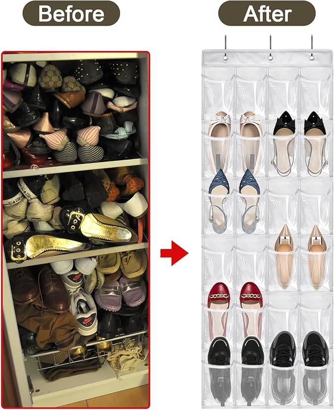 Over The Door Shoe Organizer - 2 Pack Shoe Rack for Door with 24 Pockets and Hooks, Shoe Holder Back of Door Organizers for Shoes, Hanging Shoe Organizer for Space Saving, White-NeatNest