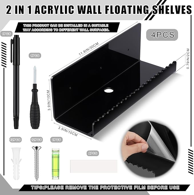 4 Pack Acrylic Wall Floating Shelves, Black Adhesive Organizer, Acrylic Floating Bookshelves, Wall Display Shelve for Bedroom, Gaming Room, Living Room, Bathroom, Office-NeatNest