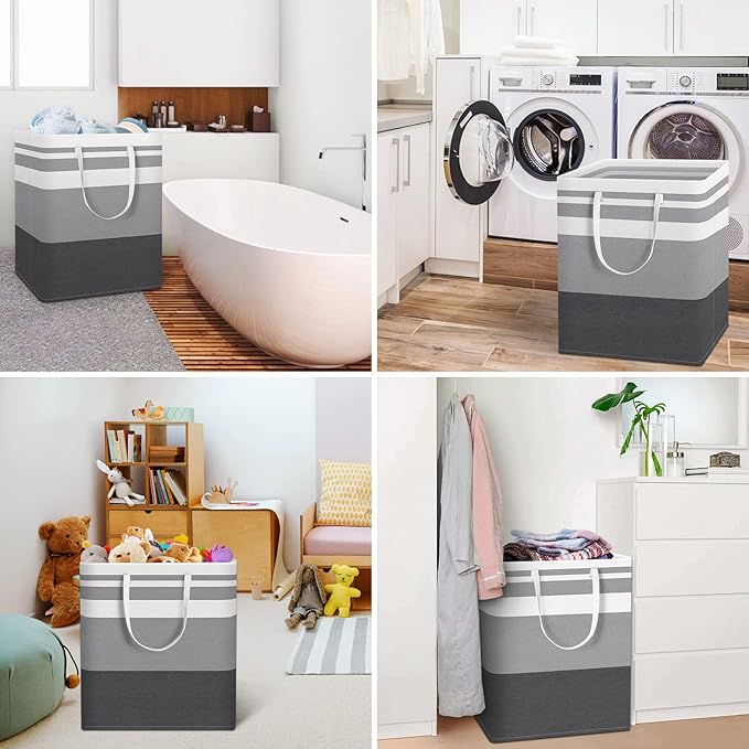 HomeHacks 2 Pack Large Laundry Baskets, Waterproof, Freestanding Laundry Hampers, Collapsible Clothes Hamper with Reinforced Handles in Laundry, College Dorm, Bathroom, Bedroom (Grey+Blue, 100Lx2)-NeatNest