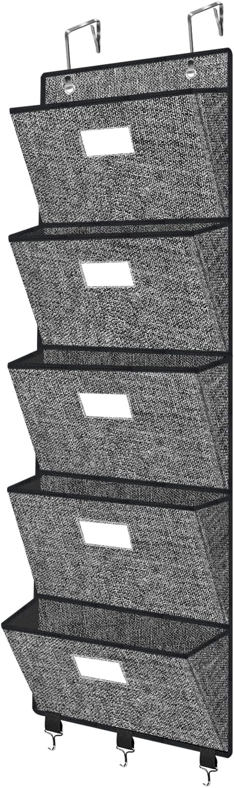 Homyfort Over the Door File Organizer, Hanging Wall File Folders with 5 Large Pockets for Papers, Charts, Mails, Magazine, Office and Back To Supplies Storage and Organization (Black)-NeatNest