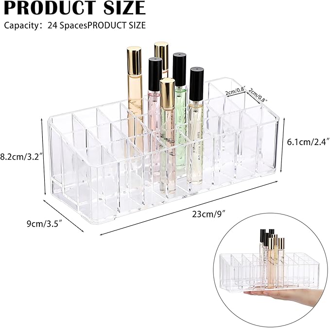 ELLDOO Rollerball Perfume Organizer, 24 Spaces Clear Acrylic Perfume Storage Holder Beauty Scent Holder, Makeup Lipgloss Lipstick Display Case-NeatNest
