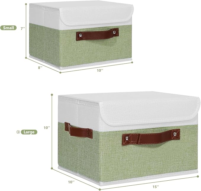 ANMINY 2PCS Storage Boxes with Lid Washable Decorative Storage Bins Basket with PU Leather Handle Foldable Linen Fabric Storage Cubes Containers for Home Closet Organizer - Green White, Large Size-NeatNest