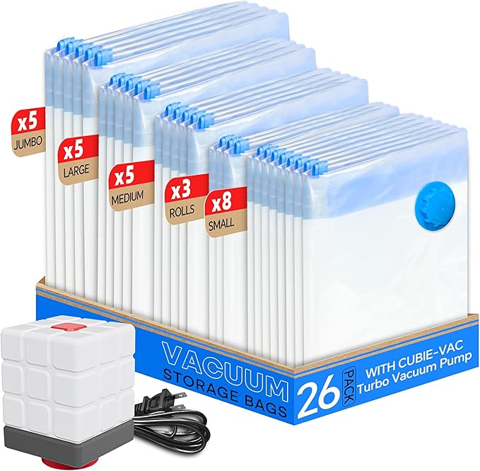 Vacuum Storage Bags for Clothing, 26 Pack Vacuum Seal Bags (5 Jumbo, 5 Large, 5 Medium, 8 Small, 3 Roll) for Clothes Comforters Blankets, Space Saver Bag with Electric Pump (2025 Upgrade)