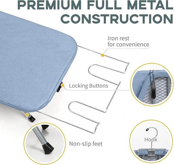 Table Top Ironing Board, RAINHOL Small Folding Iron Board Portable with Non-Slip Feet, Travel Compact Ironing Table for Dorm and Small Space, 31"x12", Blue