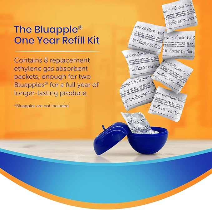 Bluapple Produce Saver Refill Kit - Keep Fruits & Vegetables Fresh Longer, Veggie & Fruit Saver, 8 Packets (9 grams each), Lasts up to 3 Months, Produce Storage, Ethylene Gas Absorber, Made in USA-NeatNest