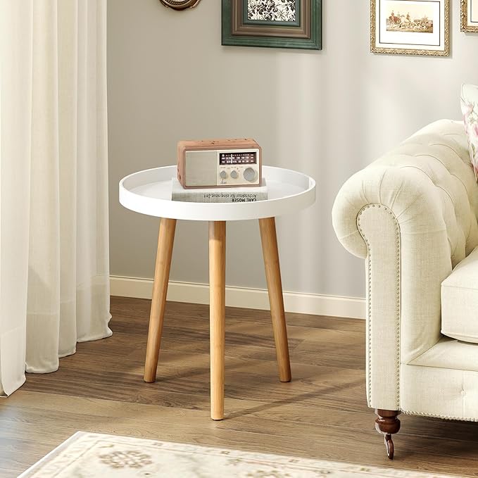 Giantex Round Side Table, End Table with Wooden Tray, Sturdy Tripod Stand & Premium Metal Connectors, Round Sofa Side Table for Living Room, Office, Bedroom Nightstand, White (1)