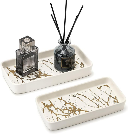 Bathroom Vanity Tray for Countertop,2PC Rectangle Marble Tray Set,Decorative Bathroom Organizer for Scrubber, Lotion Bottles, Perfume, Jewelry, Candle, Key Trinket Ring（Small,White）-NeatNest