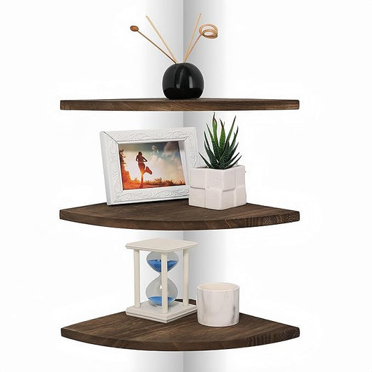 Corner Wall Shelves, Wood Corner Floating Shelves with Cable Raceway, Wall Mount Storage Display for TV Accessories, Monitor, Speaker (Carbonized Dark Brown, Fan-Shaped- 10 Inch)-NeatNest