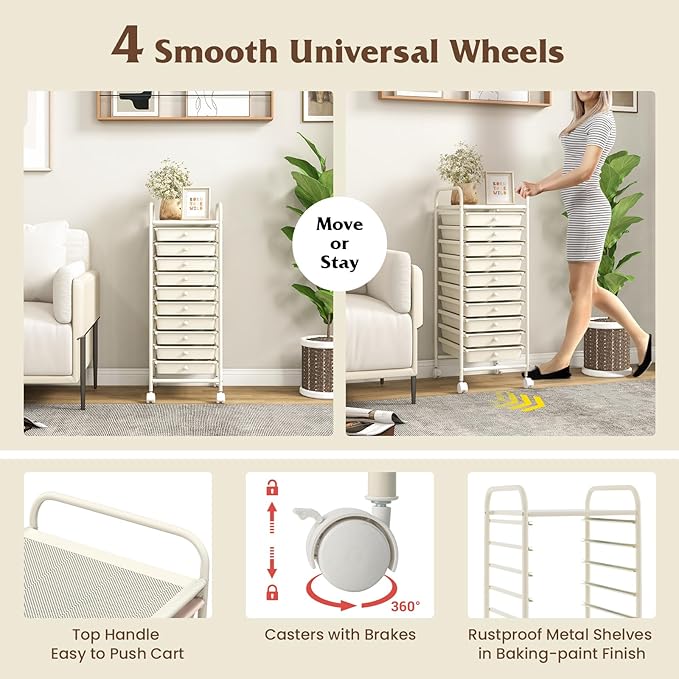 Giantex 10-Drawer Storage Cart w/Universal Wheel, Rolling Cart w/Handle, Home Organizer Storage Unit w/Removable Drawers, Trolley Utility Cart for Kitchen Makeup Living Room Office Play Room, Ivory