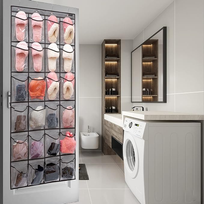 Over the Door Shoe Rack Organizer with 24 Clear PVC Pockets Hanging Pocket Organizer for Bedroom Bathroom Kitchen Stroage (24 Pockets-Grey)-NeatNest