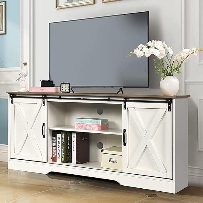 4 EVER WINNER White TV Stand for 65 inch TV for Living Room, Modern Farmhouse Barn Door TV Stand with Storage Cabinets and Adjustable Shelves for Bedroom, Media Entertainment Center TV Console Table-NeatNest