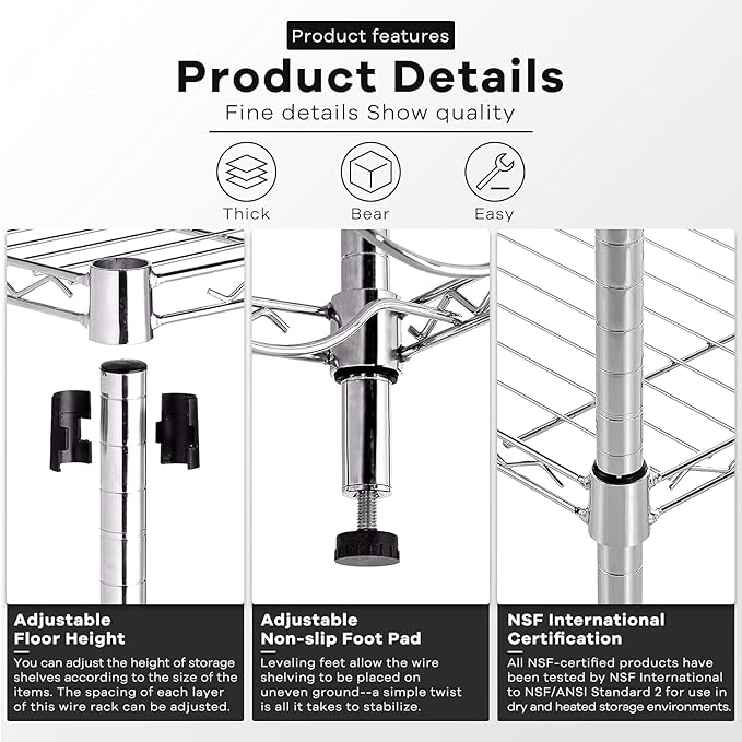 3-Tier Adjustable Wire Storage Shelving Rack, 150 Lbs Capacity Per Shelf, for Pantry Garage Kitchen - 23"x12"x30", Chrome-NeatNest