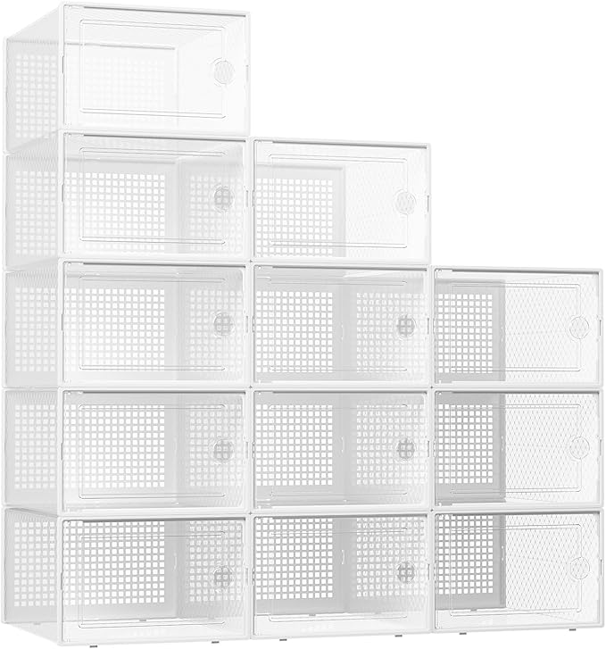 Kuject XX-Large Shoe Storage Boxes Organizers Clear Plastic Stackable 12 Pack, Shoe Rack & Holder Substitute, Sneaker Containers, Toy Storage Organizer Bins for Entryway, Closet, Under Bed, White-NeatNest
