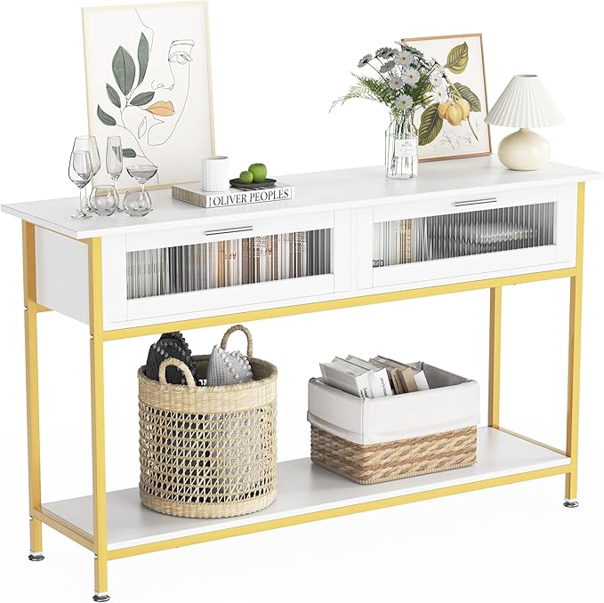 Aetheris 47" Console Table with 2 Drawers, 2 Tier Sofa Table with Storage,Entryway Table, Industrial Console Table for Entryway, Sofa Table Behind Couch for Living Room (White Gold)-NeatNest