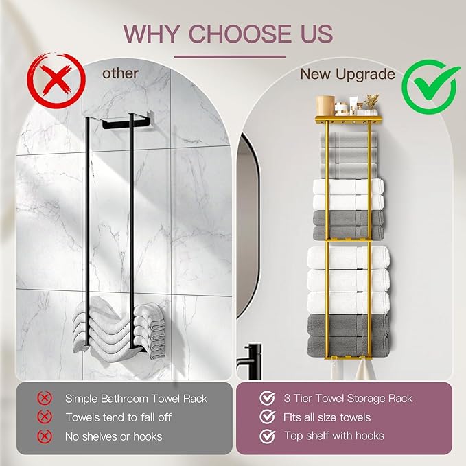 Towel Racks for Bathroom, 36.6 inch Metal Towel Storage, 8 Large Bath Towels Capacity, 3-Tier Towel Holder for Bathroom, with Shelf & 6 Hooks, Wall Mounted Towel Rack for Rolled Towels, Gold