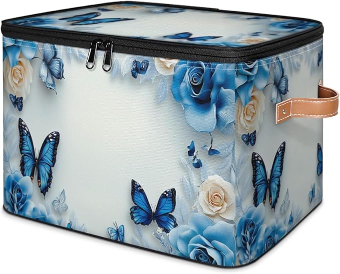 Butterfly Storage Bins with Zipper Lid, Blue Rose Lidded Storage Baskets Boxes Foldable Organizer with Leather Handles for Clothes Closet Shelf Toys-NeatNest