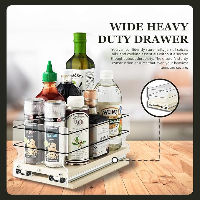Vertical Spice - Sliding Spice Rack - Pull Out Spice Rack for Inside Cabinets, Sliding Shelves, Rack for Kitchen Cabinets - Made in USA - 1 Tier -10.6"D x 4.6" W x 5.0" H (Cream , Partially Assembled)