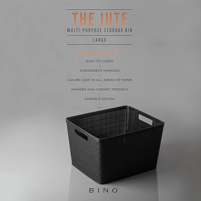 BINO | Woven Plastic Basket | Large (Black), 3-Pack | THE JUTE COLLECTION | Home Organization, Space - Saving Storage, Stylish Design | Jute Basket | Plastic Storage Basket-NeatNest