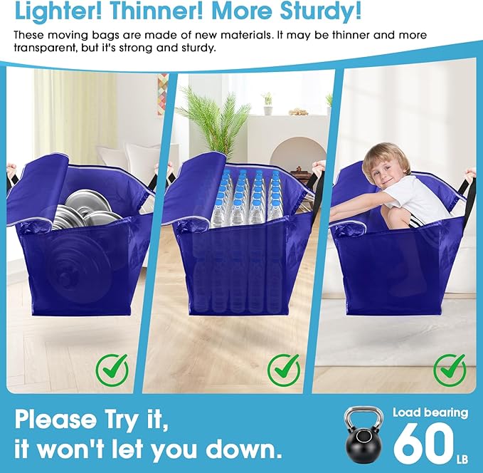 BlissTotes 4 Pack Moving Bags with Clear Window, Storage Bags with Strong Carrying Handles & Zippers,Large Packing Bags for Saving Space, Alternative to Moving Boxes(Blue,33 Gallon)-NeatNest