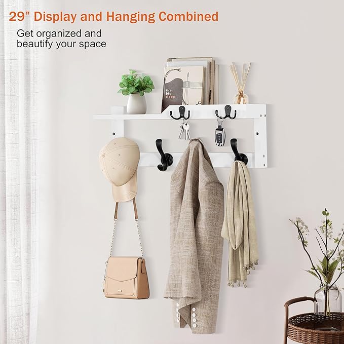 Coat Rack Wall Mount with Shelf, Coat Hanger Wall Mount with Key Hooks and Mail Holder, Wood Entryway Floating Shelf with Hooks and Storage, Hat Rack for Wall Key Holder Mail Organizer-NeatNest