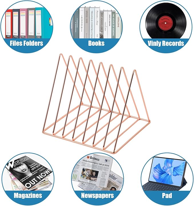 COSYAWN Triangle 7 Slot Vinyl Record Holder, Anti-Rust Metal Magazine Album Display Rack Desktop File Sorter Organizer, Paper Letter Newspaper Storage for Home Office, Rose Gold 2 PACK