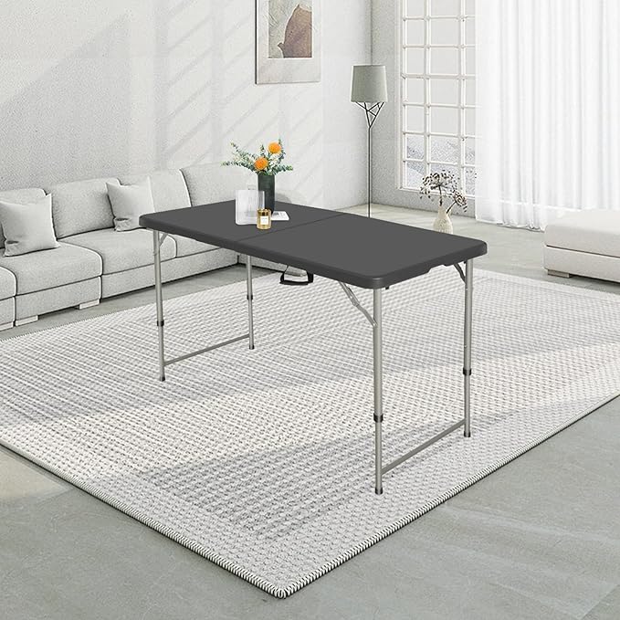 Folding Table 4 Foot Height Adjustable Fold-in-Half Table with Carrying Handle, Small Card Table Indoor Outdoor Use, Black-NeatNest
