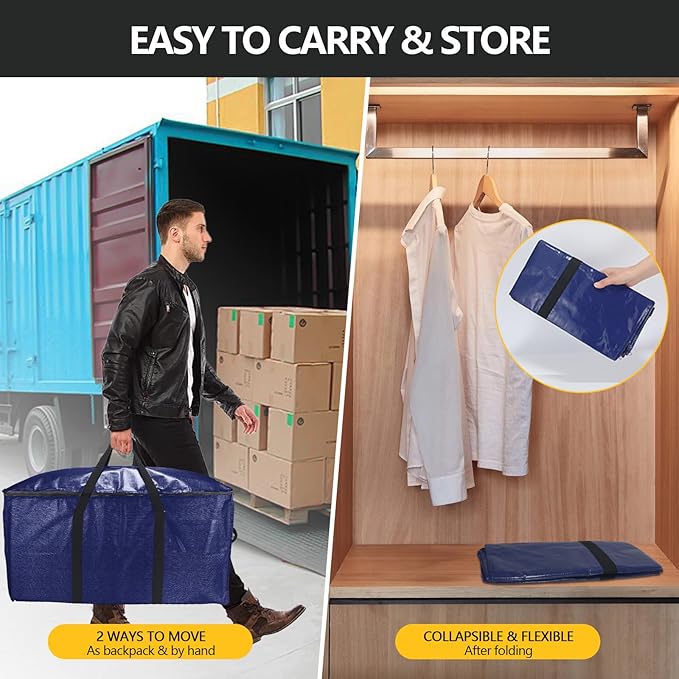 Extra Large Storage Bags Set Heavy Duty Moving Totes With Backpack Straps – Strong Handles & Zippers, (Blue, 12 Park-2 Moving bag & 10 Vacuum Seal Bags)