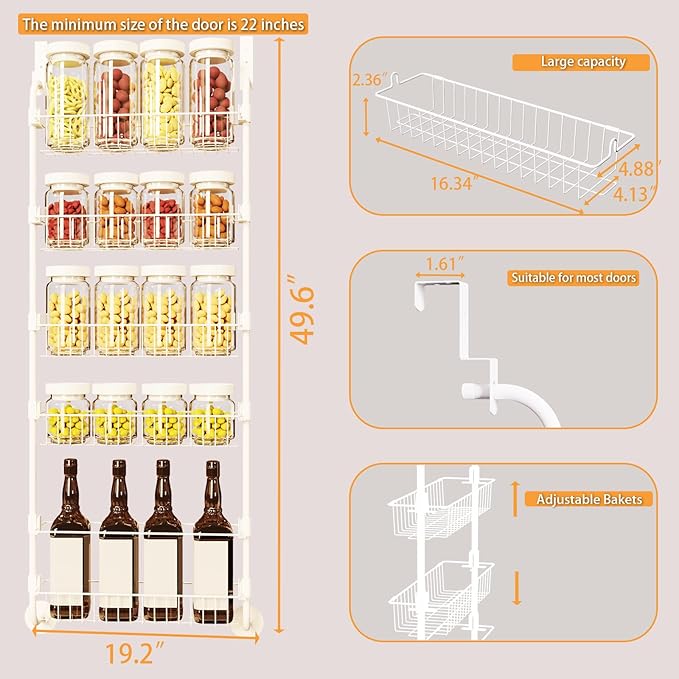 Over The Door Pantry Organizers, Pantry Door Organizer and Storage with Adjustable Baskets,Heavy-Duty Metal Spice Rack,Over The Door Organizers for Kitchen,Bathroom (White, 5tier)