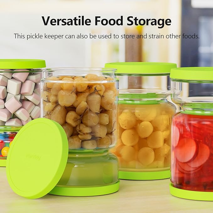 Glass Pickle and Olive Container - 50 OZ Airtight Jar with Strainer for Pickle Lover, Kitchen Organization Must-Have Versatile Food Keeper, BPA Free, Dishwasher Safe (Green Yellow)