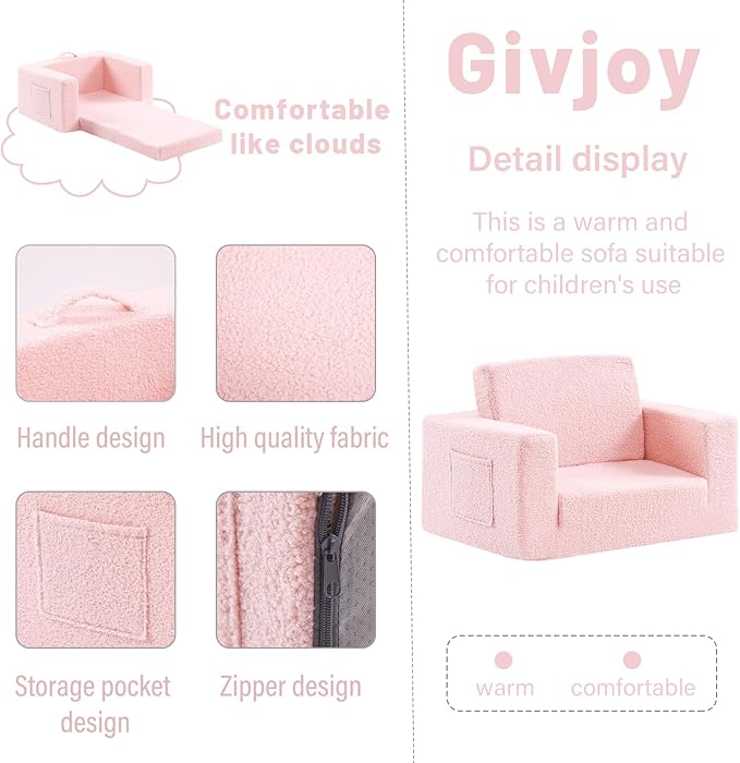 2-in-1 Toddler Chair Sherpa Couch - Soft Kids Lounger for Bedroom, Convertible Sofa for Girls and Boys, Reading Chair, Pink-NeatNest
