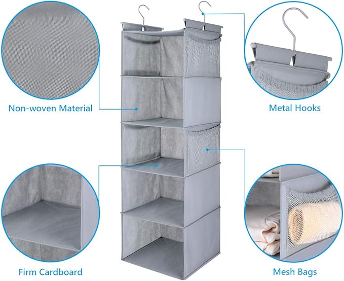 MAX Houser 5 Shelf Hanging Closet Organizer,Space Saver, Closet Hanging Shelves with (4) Side Pockets,Foldable,Light Grey-NeatNest