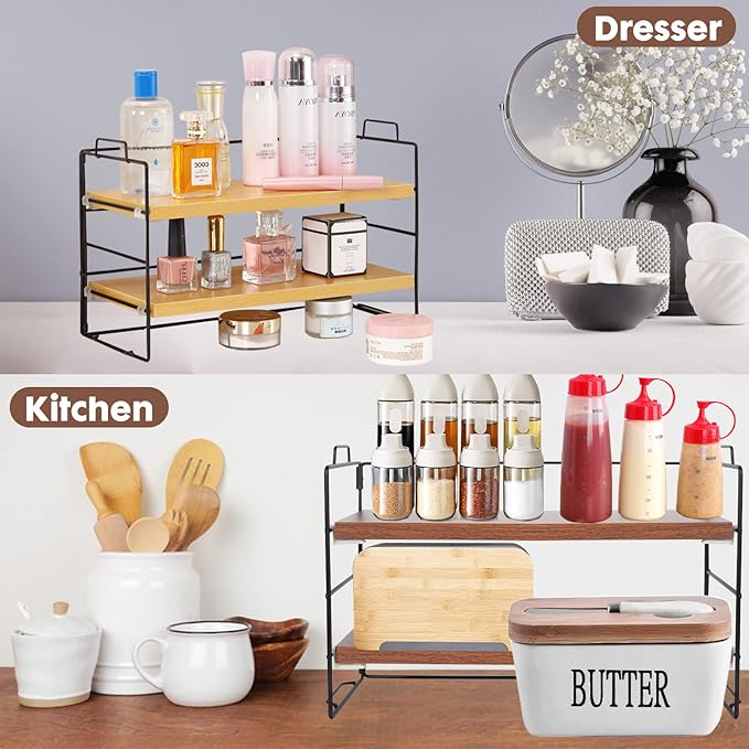 ShellKingdom Display Shelf for Figures, 2 Tier Desk Shelf Organizer, Desktop Shelves, Adjustable Bookshelf Storage Rack and Office Cubicle Decor for Tabletop, Office, Dorm (White Frame + Wood Board)-NeatNest