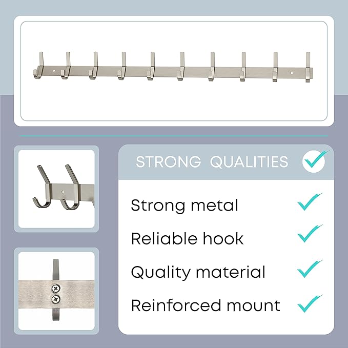 Coat Rack Wall Mount – Brushed Nickel 30 Inch Stainless Steel Hook Rail with 10 Heavy Duty Double Coat Hooks – Wall Mounted Coat Hanger for Entryway, Bathroom, Bedroom, Towel, Hat Organizer-NeatNest