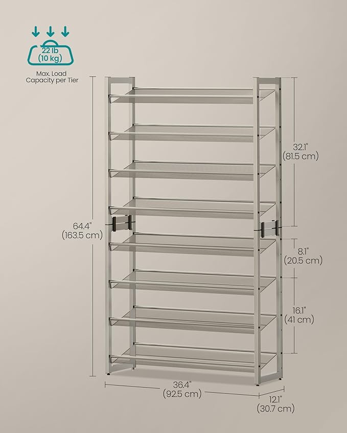 SONGMICS Shoe Rack, 8-Tier Shoe Organizer, Metal Rack for Garage, Set of 2, 4-Tier Stackable Shelf, with Adjustable Flat or Angled Shelves, 32-40 Pairs, Cappuccino Beige ULMR008L01-NeatNest