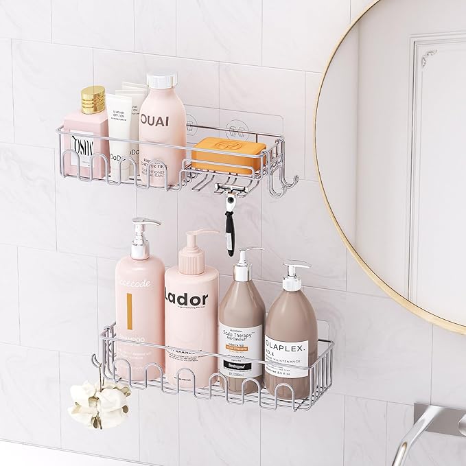Adhesive Shower Caddy: 2 Bonus Hooks, 4-Pack Wall Mounted Bathroom Storage Shelf, Rustproof Metal Basket Organizer for Kitchen & Bathroom No Drill Grey