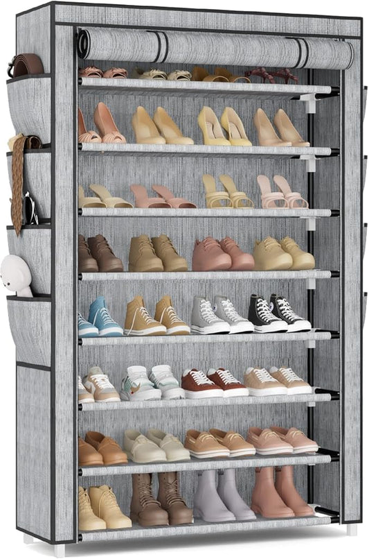 Shoe Rack with Cover, 8 Tier Tall Shoe Organizer Storage for 36-45 Pair Shoes and Boots Large Shoe Storage Shelf Free Standing Shoe Rack for Closet, Front Door Entrance, Dorm, Garage, Printing-NeatNest