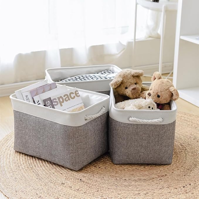 TheWarmHome Organization and Storage Basket for Organizing - 3 Pack 16x12x12 inch Cube Storage Bin Fabric Storage Cubes for Organizer Cloth Gift Toy Closet (White & Grey)-NeatNest