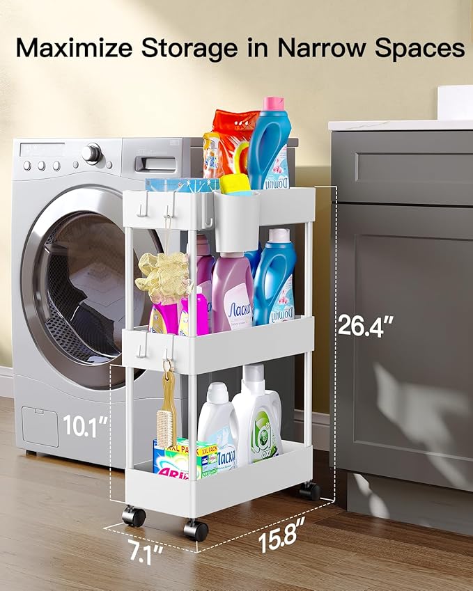 Pipishell Slim Storage Cart with Wheels, Bathroom Cart Organizer Bathroom Storage Small, Rolling Cart for Bathroom, Laundry Room, Kitchen, Narrow Space, White PIUC04W-NeatNest