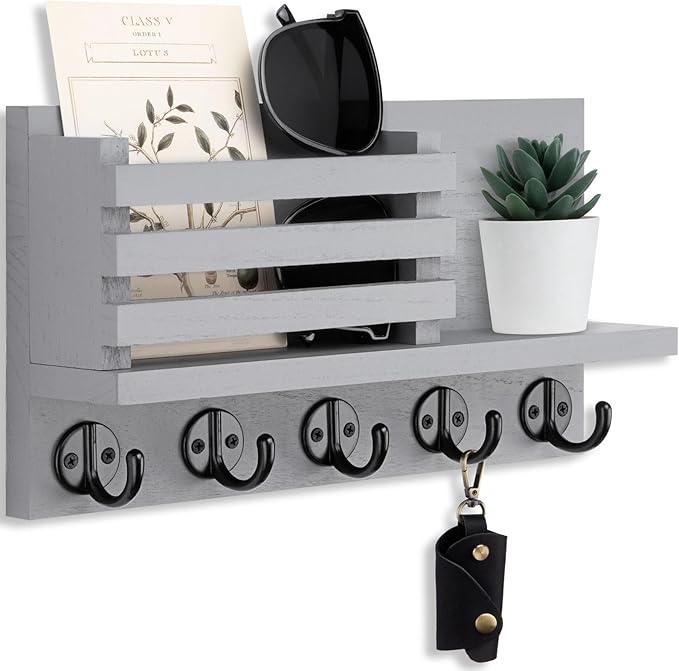 Key Holder for Wall – Decorative Wooden Mail Holder and Key Shelf with Mounting Hardware, Installation Guide – Paulownia Wood with 5 Metal Key Hooks (11.8” x 6.7” x 2.8”)