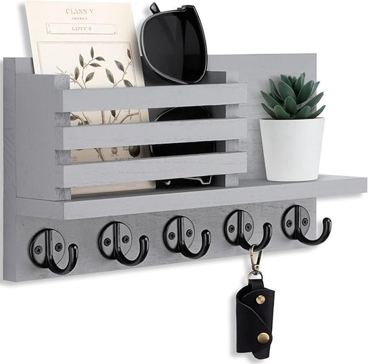 Key Holder for Wall – Decorative Wooden Mail Holder and Key Shelf with Mounting Hardware, Installation Guide – Paulownia Wood with 5 Metal Key Hooks (11.8” x 6.7” x 2.8”)