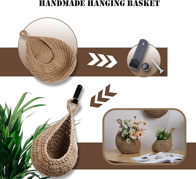 Hanging Fruit Basket Set of 3, Boho Wall Hanging Storage Jute Basket for Organizing & Decor, Handmade Teardrop Hammock Holder for Onion Fruit Vegetable in Home & Restaurant Kitchen with Hooks