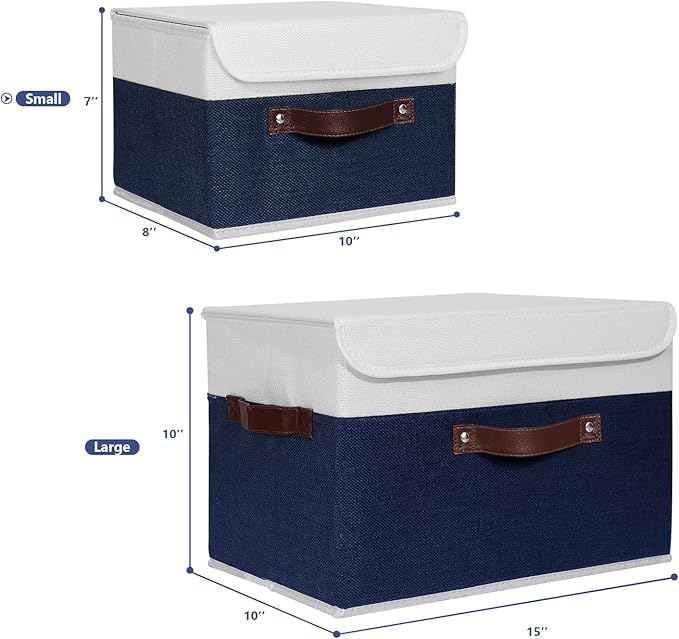ANMINY 2PCS Storage Boxes with Lid Washable Decorative Storage Bin Basket with PU Leather Handle Foldable Linen Fabric Storage Cube Container for Home Closet Organizer - Deep Blue White, Small Size-NeatNest