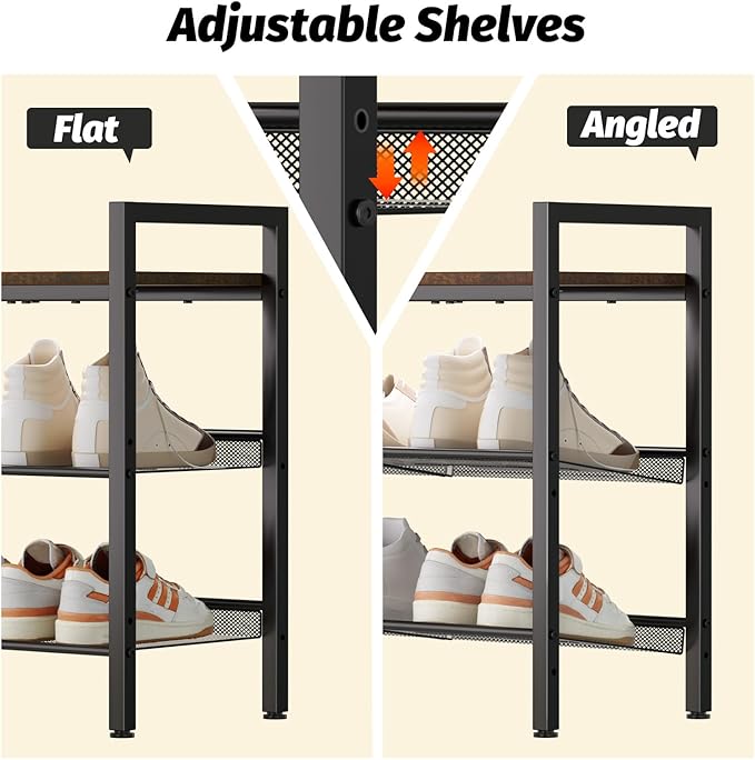 Shoe Rack for Front Door Entrance, 3 Tier Shoe Rack for Entryway, Shoe Shelf for Closet, Metal Shoe Rack Organizer with Sturdy Wooden Top & Steel Frame,(Black+Rustic Brown)-NeatNest