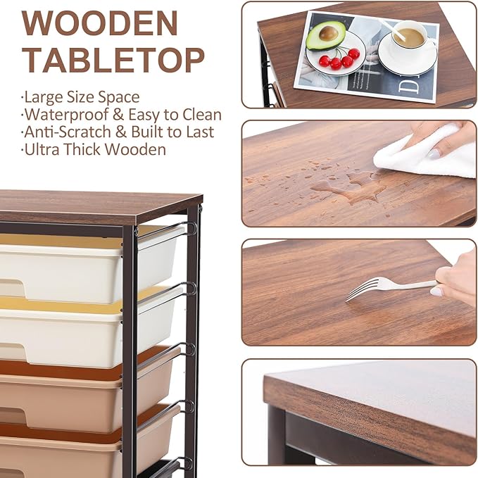 Rolling Carts with Wheels,Utility Cart with 8 Drawers and Wooden Tabletop,Rolling Drawer Cart,Plastic Drawer Storage for Living Room,Classroom,Bedroom,Bathroom,Dorm,Office,Brown