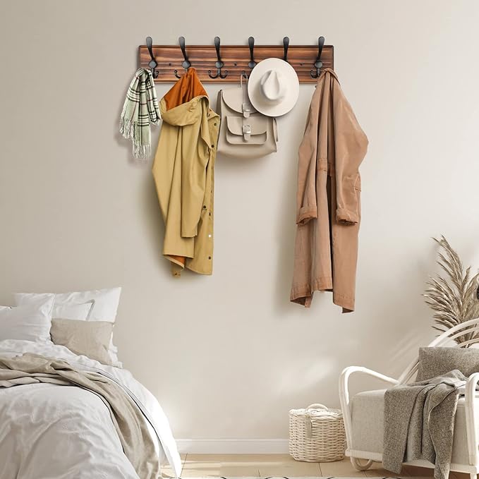 Coat Rack Wall Mount, Wooden Heavy Duty Coat Rack for Wall,6 Triple Coat Hanger Hooks for Hanging Coats,Jacket,Hat,Clothes (Brown, 6 Hooks)-NeatNest