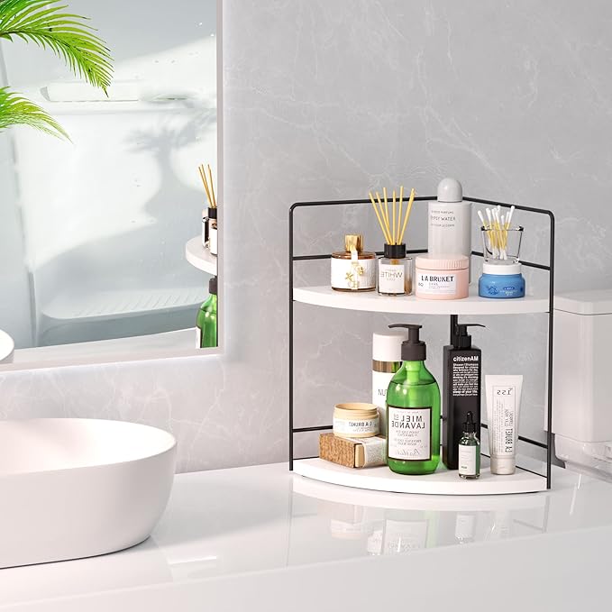 ZGO 2-Tier Bathroom Counter Organizer, Corner Skincare Organizers, Bathroom Organizer Countertop, Makeup Organizer for Vanity Storage, Bathroom Counter Storage(White)-NeatNest