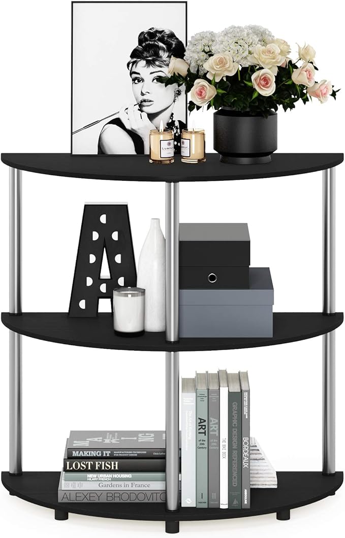 Furinno Frans Turn-N Half Round Console Table with Stainless Steel Tubes, Black Oak 15.6D x 31.1W x 30.8H in-NeatNest