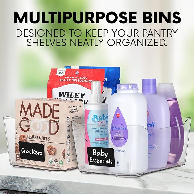 Clear Plastic Storage Bins with Labels and Marker, Perfect for Kitchen Organization or Pantry Organization and Storage, Medium Fridge Organizer and Cabinet Organizers Storage Bins-NeatNest