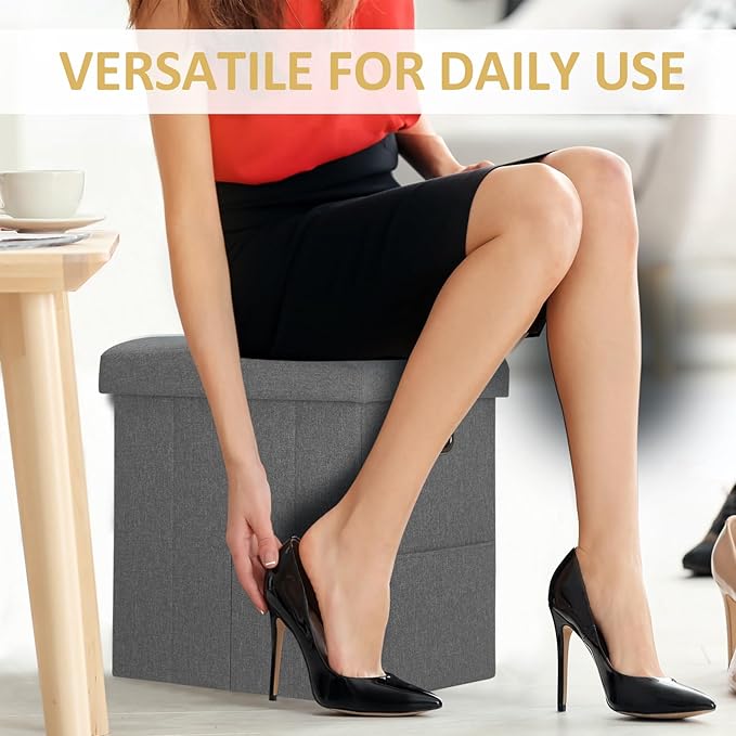 Tall Ottoman with Storage Collapsible Fabric Small Slim Folding Ottoman Furniture with Handles Lid for Room Footrest Foot Stool Linen Grey 16.5x16.5x11.8in